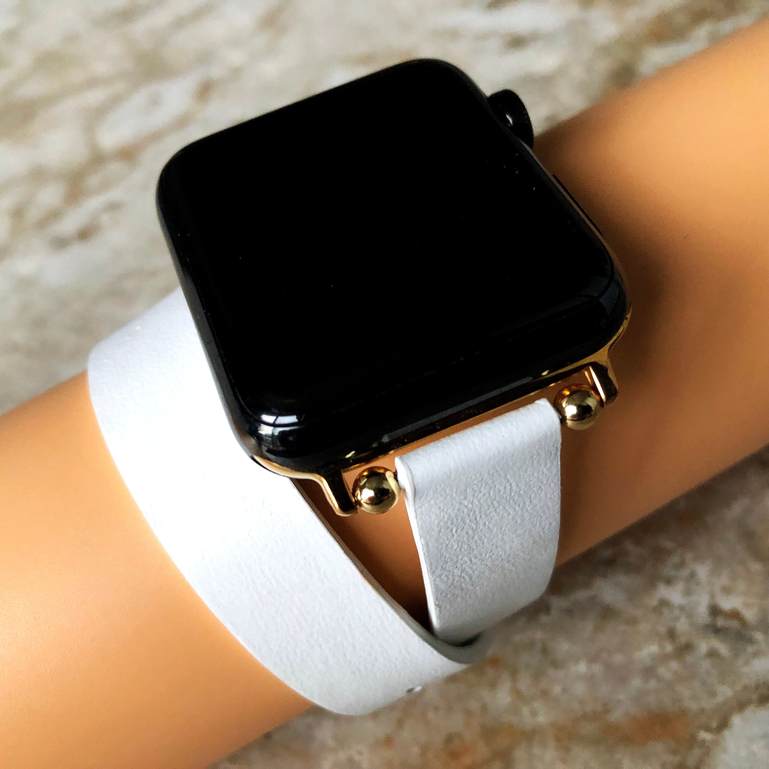Apple Watch White Double Wrap Around Wrist Leather Band for iWatch Ultra 2 49mm and 9 8 Series 41mm 45mm Case Handmade Twice Bracelet Strap